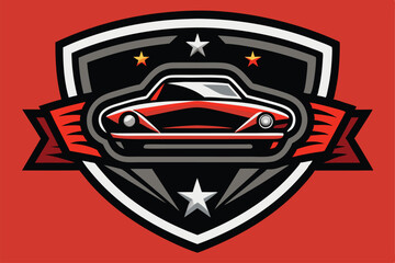 Poster - A modern emblem features a stylized car design with vibrant colors and decorative elements, Develop a sleek and understated emblem for a vehicle repair shop
