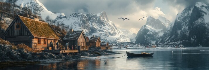 Aufkleber - Idyllic fishing village by the lake surrounded by snow capped mountains during early morning light. Generative AI