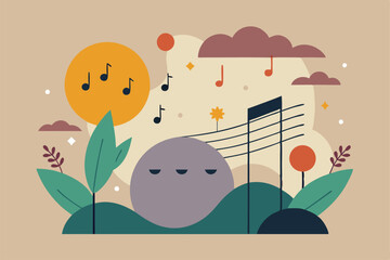 Poster - A tranquil setting captures the essence of a melancholic melody with musical notes floating in the air, Express the emotion of a melancholic melody through minimalist art
