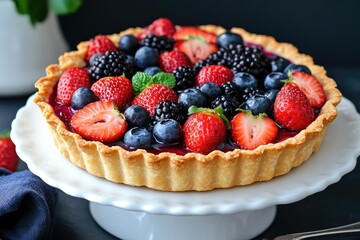 Wall Mural - Delicious homemade strawberry and blueberry tart garnished with fresh mint