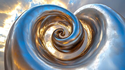 Wall Mural - Metallic spiral sculpture against sunset sky; abstract art for design