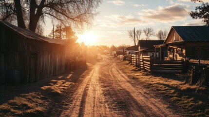 Aufkleber - Sunset over a rural dirt road with wooden houses and fences in a peaceful countryside setting. Generative AI