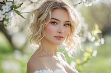 Wall Mural - a blonde woman with shoulder-length hair, wearing a white dress and a gold necklace in a spring park, holding a blossoming branch near her face