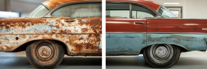 Poster - Before and after restoration of a classic car showcasing transformation from rusty to polished condition. Generative AI