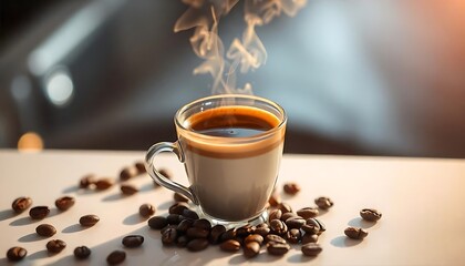 Canvas Print - Aromatic coffee steaming in a clear glass with roasted beans scattered around the base