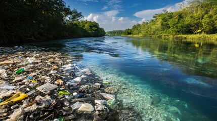 Aufkleber - Comparison of a polluted river filled with trash and a pristine stream showcasing environmental contrast in nature. Generative AI
