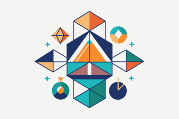 Poster - Colorful geometric shapes unite to create a striking minimalistic design with dynamic forms and balance, Geometric shapes coming together to form a minimalist school emblem