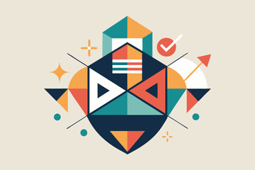 Poster - A collection of colorful geometric shapes merges to form an abstract design with various patterns and colors, Geometric shapes coming together to form a minimalist school emblem