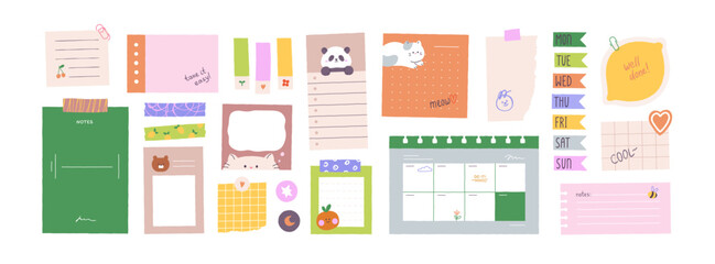 Poster - Papers, memo notes, stickers, tapes and tags set. Cute school stationery. Pages, sheets, lists, schedule for planner, notepad, notebook. Kids flat vector illustrations isolated on white background