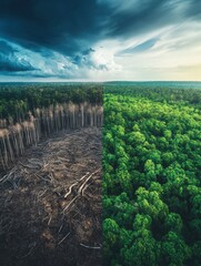 Poster - Deforestation and forest conservation contrast showcasing the impact of human activity on natures balance. Generative AI