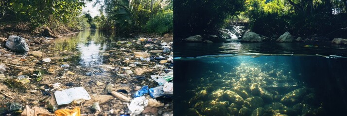 Poster - Comparison of a polluted river filled with trash and a crystal clear water stream highlights environmental issues. Generative AI