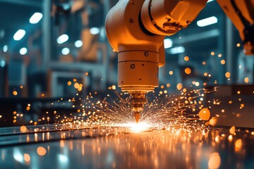Leinwandbilder - Robotic arm welding metal with sparks flying in factory
