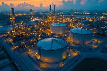 Fototapete - Oil refinery plant illuminating the night sky at twilight