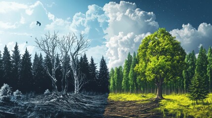 Poster - Contrasting deforested land with dead trees and a vibrant green forest representing nature conservation. Generative AI