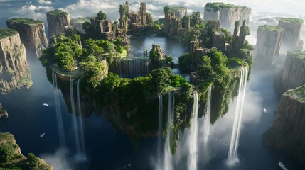 Poster - A fantasy-inspired floating island surrounded by waterfalls.