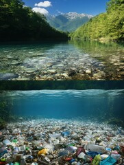 Poster - Pollution contrast in rivers highlighting environmental awareness and the impact of human activity on water quality. Generative AI