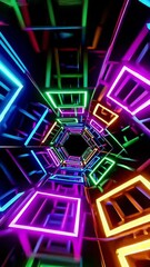 Poster - Dynamic neon tunnel of colorful geometric patterns in motion