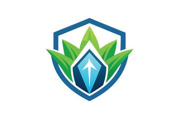 Poster - The logo showcases a vibrant shield with green leaves and a striking blue gemstone at its center, Keep the design clean and uncluttered to ensure a strong, impactful logo