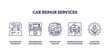 © VectorMine - Car repair services icons outline showing tools, car, and gear, transparent background. Outline icons set.