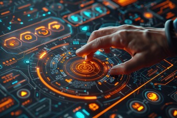 Poster - Hand interacting with futuristic holographic touch interface controlling logistics operations. Advanced AI-powered warehouse management system utilizing digital automation real-time data processing.
