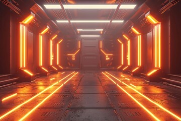 Poster - Futuristic storage corridor glowing orange LED lights. Advanced warehouse infrastructure integrating AI-powered inventory organization and automated logistics management.