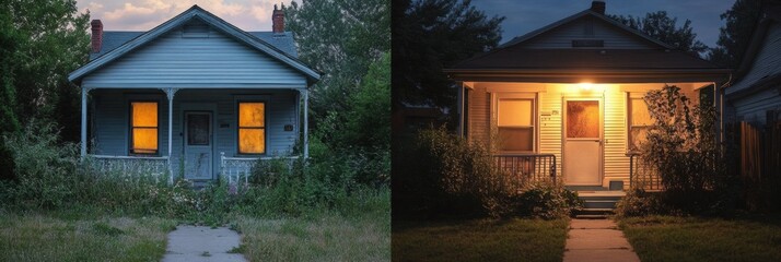 Aufkleber - Contrast between abandoned house enveloped by nature and cozy restored cottage at dusk. Generative AI
