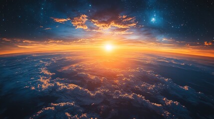 Poster - Sunrise over the earth from space with vibrant clouds and a starry sky. Cosmic beauty and planet earth exploration concept