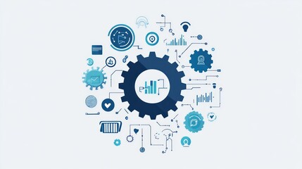 Poster - Interconnected gear system with various data visualization elements, suggesting business process optimization and technology integration.