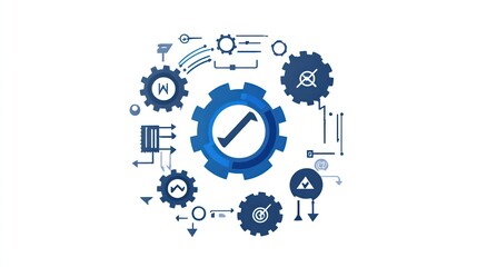 Poster - Abstract illustration of a system with interconnected gears, check mark, and various technical elements, representing streamlined processes and successful outcomes.