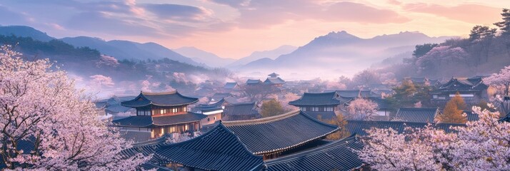 Aufkleber - Cherry blossoms bloom over traditional rooftops at sunset in a serene valley surrounded by mountains. Generative AI