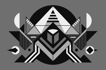 Poster - The artwork features a collection of geometric shapes arranged in a balanced monochrome composition, Monochrome design incorporating geometric shapes and negative space