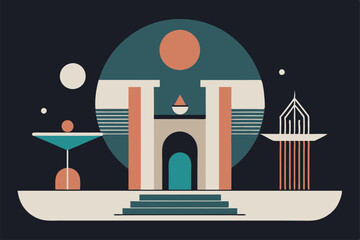 Poster - A minimalist architectural composition displays geometric shapes in pastel colors against a dark backdrop, Opt for a minimalist approach that focuses on simplicity and elegance