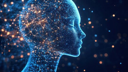 Poster - A digital representation of a human head in profile, composed of glowing particles and interconnected lines, symbolizing artificial intelligence and technology