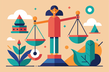 Poster - A woman adeptly balances varying elements on scales, surrounded by vibrant shapes and plants, Playing with scale and proportion to create visual interest
