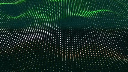 Poster - Abstract blue background wave white and green dot particles form. Technology futuristic digital flow seamless looping