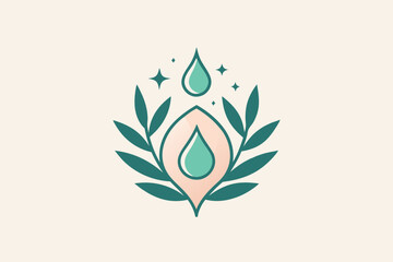 Poster - A sleek logo design with droplets and leaves in soft colors represents purity and wellness, Produce a clean, minimalist logo for a new skincare line