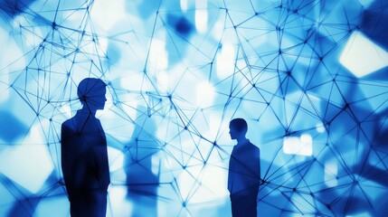 Poster - Two businesspeople in silhouette, connected by a network of lines, in a digital, abstract background.