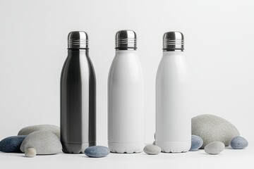 Three stylish water bottles black white and stones minimalist design isolated on white background