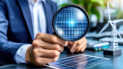 Wall Mural - A person examines a digital projection of a grid, symbolizing research and innovation in renewable energy technology.