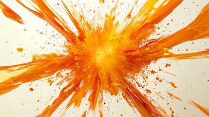 Poster - Explosion of vibrant orange and yellow paint splashes on white background, dynamic abstract art. Creative energy and expression concept