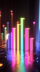 Poster - A vibrant, colorful digital representation of data visualization with glowing bars in various hues, set against a futuristic backdrop of light patterns