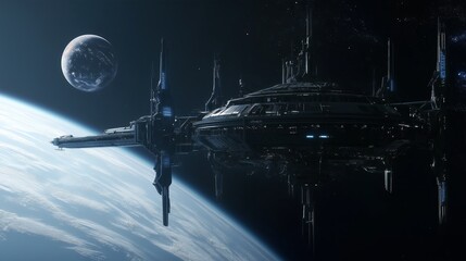Poster - A futuristic space station orbiting a gas giant planet.