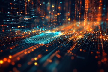 Poster - A vibrant digital landscape showcasing a glowing fingerprint amidst a stream of luminous data particles, symbolizing technology and cybersecurity advancements