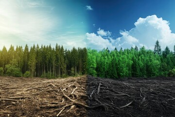 Poster - Contrast between deforested land with dead trees and thriving green forest highlighting nature conservation efforts. Generative AI