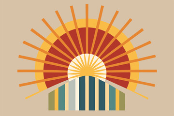 Poster - A vibrant sunburst radiates warm colors with clean lines, complementing a simple backdrop, Sunburst design with clean lines and minimal color palette
