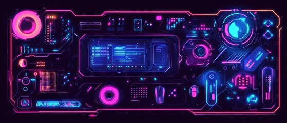 Poster - A vibrant, futuristic control panel displaying various digital interfaces and glowing elements, set against a dark background with abstract designs