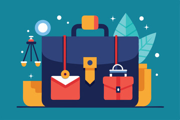 Poster - A colorful briefcase is surrounded by various business items, symbolizing professionalism and creativity, Unique interpretation of a briefcase symbolizing legal services