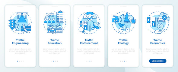 Wall Mural - Traffic management pillars blue onboarding mobile app screen. Walkthrough 5 steps editable graphic instructions with linear concepts. UI, UX, GUI template. Montserrat SemiBold, Regular fonts used