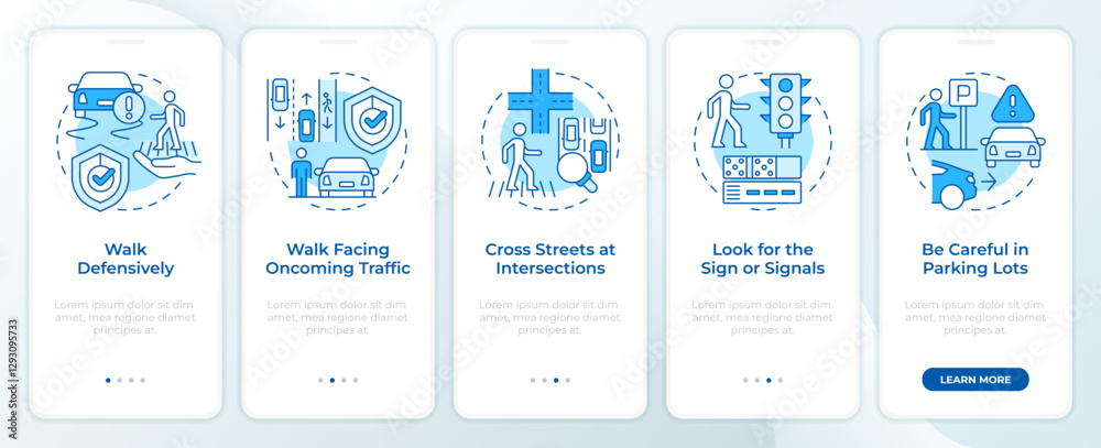 Pedestrian safety blue onboarding mobile app screen. Traffic ...