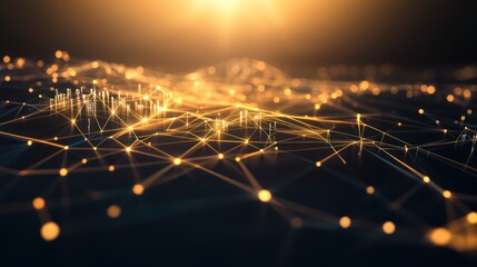 Poster - Abstract network of glowing golden lines and dots on a dark background.